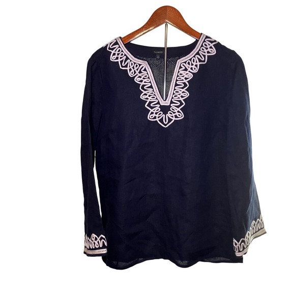 Talbots Linen Tunic Top Navy Blue White Embroidered Long Sleeve Boho Chic Size M - Picture 1 of 7